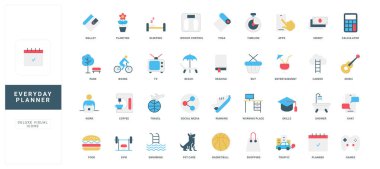Günlük hayat planlayıcısı, sağlıklı yaşam tarzı rutini, ofis kariyeri ve ev dinlenme rengi ikonu seti. Spor ve hayvan bakımı, ağırlık kontrolü için koşma, sabah kahve ve gece uykusu düz vektör çizimi