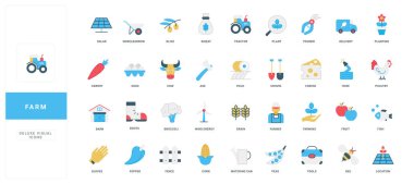 Çiftlik ve tarım, tarlalarda ekin ekimi, tarım renk ikonu seti için yenilenebilir enerji. Çiftçiler yumurta ve peynir, kümes hayvanları ve sığır eti, organik sebzeler ve meyve yassı vektör çizimi üretirler.