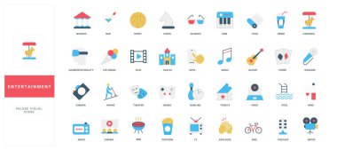 Eğlence, sinema ve müzede eğlence, bar, müzik şovu ve televizyon renk ikonu seti. Film şeridi ve gitar, patlamış mısır ve bilet, kamera ve artırılmış gerçeklik düz vektör illüstrasyonu