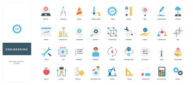 Mühendislik ve imalat, teknik proje ve mühendislik becerileri, plan ve ekipman renk ikonu seti. Ürün tasarımı ve eğilimi, üretim algoritması, kentsel sistem düz vektör çizimi