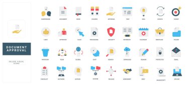 Belge onayı, denetim ve dosya doğrulaması, onaylanmış izin, gözden geçirme renk simgesi seti. Panodaki kağıt form kontrol listesi, standart düz vektör illüstrasyonu için müfettiş araştırma kullanıcıları belgeleri