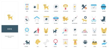 Köpek bakımı ve eğitim, sağlık, tasma ve çip renk ikonu seti için veteriner desteği. Yemek ve kemikle kase, oyuncaklar en iyi oyun, köpek yavrusu için barınak ve taşıyıcı, pati düz vektör illüstrasyonu