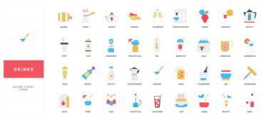 Bar, restoran menüsü, plaj partisi ikonu kokteylleri. Bardak şişe ve bir bardak bira ve şarap, şampanya tostu, sıcak çay ve kahve, meyve suyu yassı vektör çizimi