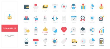 Etrade, online alım satım ve ödeme, müşteri cüzdanı, hediye renk ikonu seti. Sipariş verme, ticari reklam ve el arabası, mağaza müşterisi düz vektör illüstrasyonundan beğenme ve değerlendirme