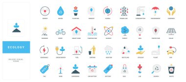 Ekoloji, çevre koruma fikirleri, atık geri dönüşümü ve biyolojik yakıt renk ikonu seti. Yenilenebilir yeşil enerji, rüzgar ve güneş paneli, laboratuvar bilimi araştırması, akıllı ev düz vektör çizimi