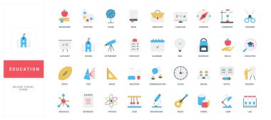 Okul eğitimi, öğrenciler öğrenim ve bilgi, mezuniyet renk ikonu seti. Sınıftaki dersler, fizik ve kimya, dil ve astronomi, müzik ve spor eğitimi düz vektör çizimi