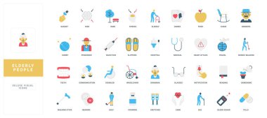 Yaşlı bakımı, evde yaşlı insanların boş vakitleri ve hastane rehabilitasyonu, tekerlekli sandalye renk ikonu seti. Sallanan sandalyede ve bahçıvanlıkta kitap okumak, büyükbaba ve büyükannenin düz vektör çizimi.