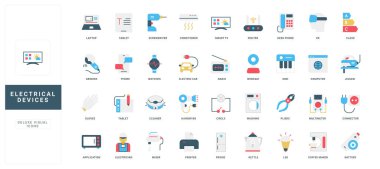 Mutfak ve çamaşırhane için elektrikli aletler, yemek ve temizlik aletleri, elektrikçilerin ekipman renk ikonu seti. Enerji verimliliği sınıfı, akıllı televizyon ve kahve makinesi düz vektör çizimi