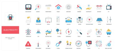 Elektrik, elektrik santrali ve yenilenebilir enerji jeneratörü, elektrikçi ekipmanları ve araç renk ikonu seti. Elektrik bileşenleri ve cihazlar, yüksek voltaj direği düz vektör illüstrasyonu