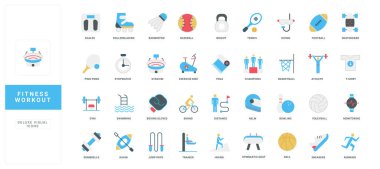 Spor, spor ve fiziksel egzersiz, yoga, eğitim için ekipman ve aktif renk ikonu seti. Arena ve şampiyonluk, kronometre, bowling ve kaykay düz vektör illüstrasyonu
