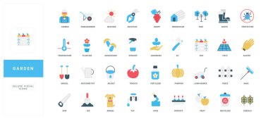 Bahçe işleri ve tarım, peyzaj ve tohum rengi ikonu seti. Çiftçiler sebze ve meyve yetiştirmek için araç ve ekipman, bitki ve çiçek yetiştirmek, ağaç filizleri düz vektör illüstrasyonu