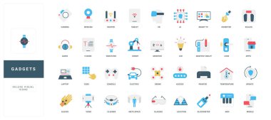 Yapay zeka, dizüstü bilgisayar ve grafik tablet, akıllı telefon mobil uygulama renk ikonu olan cihazlar ve cihazlar. Akıllı ev, TV ve webcam, yönlendirici düz vektör çizimi için elektronik kitap ve kapı kilidi