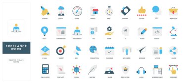 Serbest, hibrit ve uzaktan kumandalı ev, sözleşme ve çalışan koruma renk ikonu seti. Dizüstü bilgisayarı ve içerik oluşturma, kodlama ve kopyalama, dizayn edilmiş düz vektör çizimi olan kişi