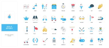 Golf turnuvası ve antrenman, golfçüler ayakkabı ve şapka, şampiyonluk kupası ve topa vurmak, delik renk ikonu seti. Golf sopası çantası ve bayrak, araba güzergahı ve düz vektör çizimine sadık kal.