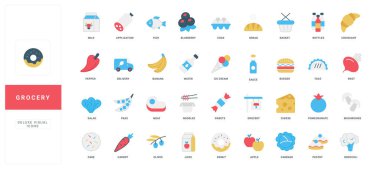 Yemek pişirme, organik vitamin, meyve ve sebze, et, peynir rengi ikonu seti için gıda malzemeleri. Çiftlik pazarı taze ürünler, ekmek, tatlı ve kahvaltı için atıştırmalık düz vektör illüstrasyonu