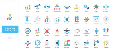 Büyüme ve ölçeklendirme, verimli strateji ve iş geliştirme renk ikonu seti süreci. Liderlik ve gelir artışı, başlangıç artışı, veri tablosu ve genişleme okları düz vektör çizimi
