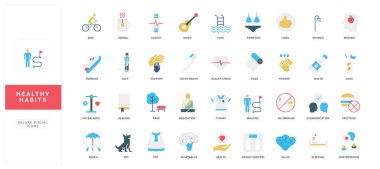 Sağlıklı alışkanlıklar ve yaşam tarzı, yaşam kalitesi ve refah, zihinsel ve beden sağlığı renk ikonu seti. Fitness ve rahatlama, koşma ve rahatlama, müzik ve sosyal iletişim düz vektör çizimi
