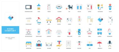 Ev eşyaları, elektrikli aletler mutfak ve yatak odası, oturma odası, banyo renk ikonu seti. Ev mobilyaları, mikrodalga fırın ve temizleyici, havlular düz vektör çizimi