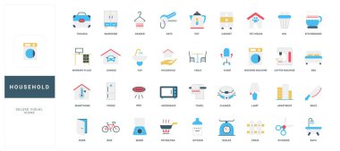 Ev eşyaları ve mutfak malzemeleri, elektrikli aletler ve aydınlatma, çamaşır, mobilya rengi ikonu seti. Garaj ve bisiklet, köpek evi, masa ve sandalye, çit düz vektör çizimi