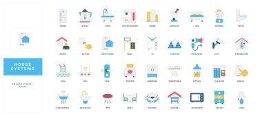 Ev, tesisat ve mobilya için akıllı sistemler, mobil uygulamalı uzaktan algılayıcılar, cihazlar ve elektrikli aletler renk ikonu seti. Garaj ve yüzme havuzu, asansör düz vektör çizimi