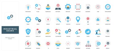 Mühendislik ve endüstriyel işlemler için dişliler, fabrika mekanizması, makine ve motor, robot renk ikonu seti. Geliştirme ve destek, otomasyon fikri, depo düz vektör çizimi