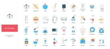 Mutfak araçları, yemek ve yemek ekipmanları ikonları mutfak blogları, yemek tarifi web siteleri veya restoran markalaşma vektör çizimi için mükemmel bir düz stil.