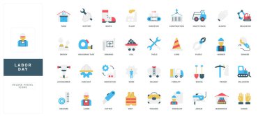 İşçi Bayramı, inşaat, araç gereç, güvenlik ve endüstriyel çalışmaları temsil eden renkli ikonlar tatil, iş ve eğitim tasarım projeleri vektör ilüstrasyonu için mükemmel