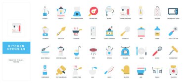 Basit tanımlama için etiketlenmiş temel mutfak gereçleri ve araç gereçleri yemek blogları, yemek tarifi web siteleri veya mutfak rehberleri için mükemmel.