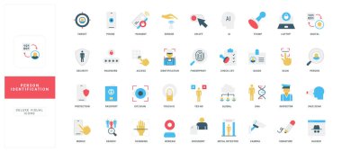 Kimlik kartı, parmak izi ve göz taraması, yüz tanıma renk simgesi seti. Pasaport, isim, fotoğraf ve kullanıcı bilgileri, yasal belge düz vektör illüstrasyonu