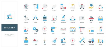 Sanayi ve imalat, inşaat ve makine, ekipman ve ulaşım renk ikonu seti. İnşaat vinci ve ağır kamyon, kömür madenciliği ve enerji hatları, araçlar düz vektör illüstrasyonu