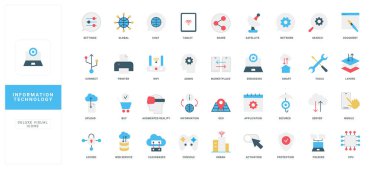 Bilgi teknolojisi, bulut veri sistemi ve bilgisayar ağı, sunucu renk simgesi seti. İşlem yönetimi ve destek, uygulama ve yazılım ayarları, akıllı çözümler düz vektör illüstrasyonu