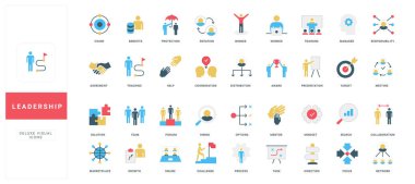 Beyaz arkaplan vektör illüstrasyonunda izole edilmiş iş, yönetim, takım çalışması ve başarı temaları başlıkları ile modern düz stil liderlik simgeleri