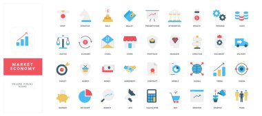 Piyasa ekonomisi kavramlarını, iş stratejisini, finans ve ticareti temsil eden renkli düz simgeler sunumlar, bilgi grafikleri ve web tasarımı izole edilmiş vektör ilülasyonu için mükemmeldir.