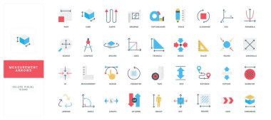 Tasarım, matematik ve mühendislik kavramları için etiketli beyaz arkaplan vektör illüstrasyonunda izole edilmiş renkli düz ölçü okları simgeleri