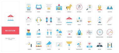 Eğitim, tarih, sanat ve kültür projeleri, web, uygulamalar, bilgi grafikleri ve sunumlar için mükemmel isimlendirilmiş modern düz müze simgeleri
