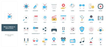 Televizyon, kamera, kulaklık, dizüstü bilgisayar ve beyaz arkaplan çizimi üzerinde izole edilmiş dijital, teknoloji ve iletişim projeleri için modern düz ortam aygıtı simgeleri