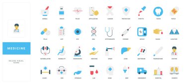 Beyaz arkaplan vektör illüstrasyonuna izole edilmiş sağlık, hastane ve ilaç tasarım projeleri için net başlıklara sahip modern düz stil tıbbi ikonlar