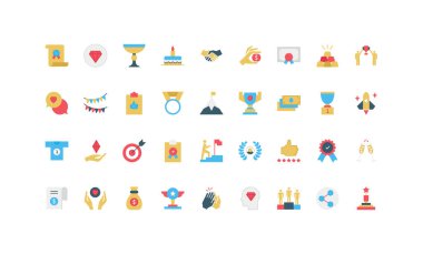 Kazanan ve lider ödülleri, başarı hedefinin tanınması renk ikonu. Ödüller çelenk ve madalya, şampiyon ve takım için elmas birinci sınıf düz vektör illüstrasyonu.