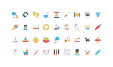 Yeni doğan bebek bakımı, oyun alanı oyuncakları, cilt hijyeni malzemeleri, bebek kıyafetleri ve bebek arabası renk ikonu seti. İlk dişler ve adımlar, emzik ve yemek, beşik ve romper düz vektör çizimi