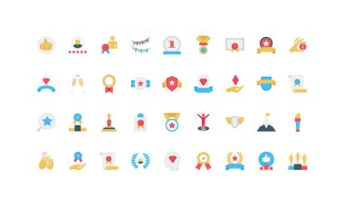 Ödül ve ödül, en iyi sonuç ve garanti pul etiketi, kazanan podyum renk ikonu seti. Akredite ürün sertifikası ve standartların garantisi, şampiyonların rozeti düz vektör illüstrasyonu