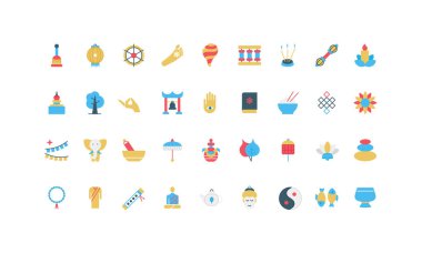 Budizm, Budist dini ve adak, pagoda tapınağı ve dharma çarkı, Buda renk ikonu seti. Keşiş ve chaplet dua etmek için, sonsuz düğüm ve yin yang, tütsü düz vektör illüstrasyonunu simgeler.