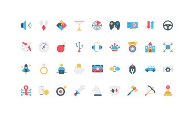 Değişik renklerde oyun ikonları, bilgisayar oyunlarının farklı yönlerini temsil eden kontrolörler, kupalar ve araçlar gibi çeşitli elementler içerir. Vektör illüstrasyonu