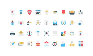 Yasal belge, sertifika ve sözleşme, patent parşömeni, noter ve mevzuat renk simgesi seti. Dijital lisans sürümü ve vize, rapor araması, beyanname düz vektör illüstrasyonu