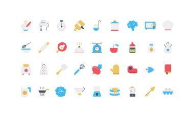 Mutfak aletleri, elektrikli ev aletleri, yemek rengi ikonu seti için malzemeler. Aşçı şapkası ve fırıncılar önlüğü, aşçıların talimat kitabı ve terazisi, pişirme süreci düz vektör çizimi