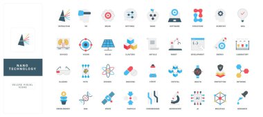 Bilim, araştırma, tıp, yenilik ve laboratuvar kullanımı için modern düz stil nanoteknoloji ikonları eğitim veya teknoloji projeleri izole edilmiş vektör çizimleri için mükemmeldir.