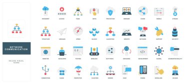 Web, uygulamalar ve bilişim projeleri izole edilmiş vektör çizimleri için ağ iletişimi, veri paylaşımı, bulut, güvenlik ve dijital teknoloji kavramlarını gösteren modern düz biçim simgeleri seti