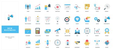 Başlangıç sunumları, web ve markalaşma için takım çalışması, finans, büyüme, planlama ve yenilik içeren modern düz iş simgeleri izole edilmiş vektör ilüstrasyonuna ihtiyaç duyar