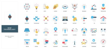 AI, blockchain, VR, akıllı aygıtlar ve web, uygulamalar ve izole edilmiş vektör illüstrasyonları için dijital yenilikleri temsil eden modern düz biçim simgeleri