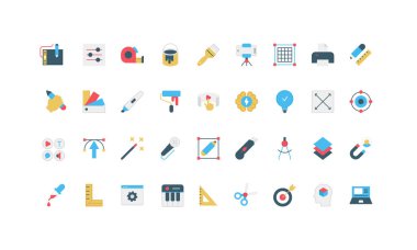 Dijital çokluortam içeriği oluşturma süreci için yaratıcı araçlar, kırtasiye renk simgesi seti. Fırça ve boya, makas ve cetvel, video ve ses düzenleyici, vizyon düz vektör çizimi