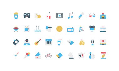 Eğlence, müzik ve sinema, atlıkarıncalı lunapark, karaoke ve bisiklet binme renkli ikon seti. Sinema ve tiyatro biletleri, poker ve şarap, bowling, TV ve video oyunları düz vektör illüstrasyonu